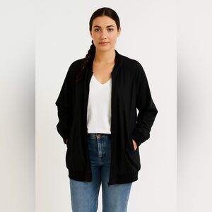 Love Tree | Black Linen Blend Long Zip-Up Bomber Jacket